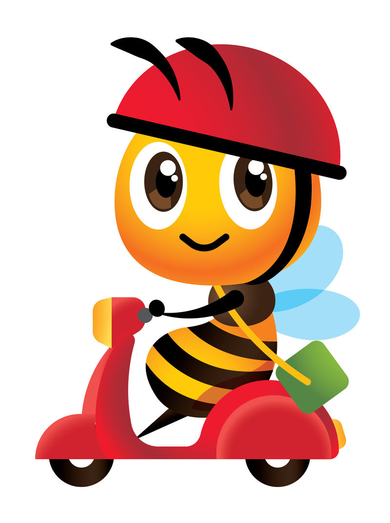 卡通可爱的蜜蜂骑着红色的踏板车为送货服务-提着一个绿色的袋子-可爱的蜜蜂戴着红色的头盔-矢量图隔离