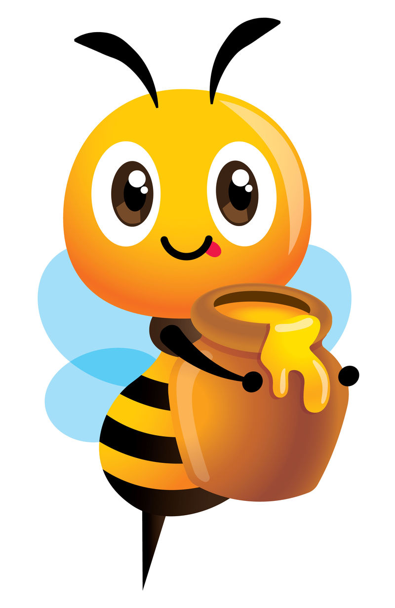 卡通可爱的蜜蜂拿着一个大蜜罐-新鲜有机蜂蜜-分离载体图