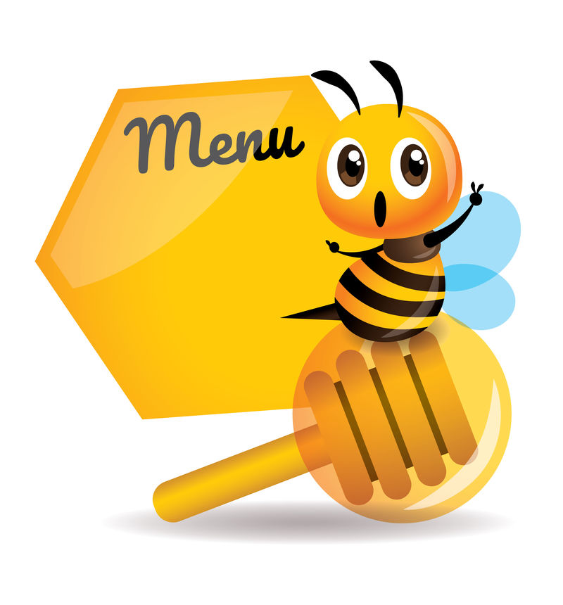卡通可爱的蜜蜂坐在有大菜单板的蜂蜜斗上