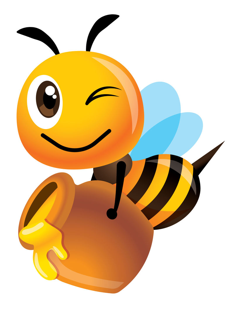 卡通可爱的快乐蜜蜂携带一个大蜜罐装满新鲜的有机蜂蜜-矢量图孤立