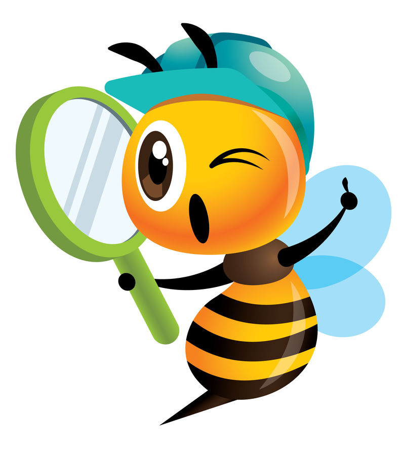 戴着蓝色安全帽-手持放大镜的卡通可爱蜜蜂-可爱的吉祥物勤劳的蜜蜂-矢量图隔离