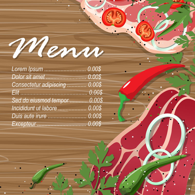肉类菜单设计模板。肉餐菜单标签