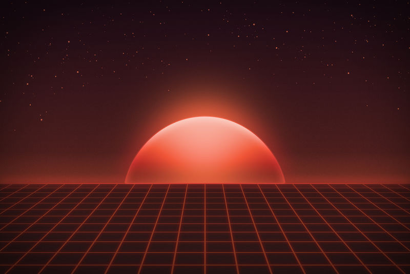 复古未来80年代的vhs磁带视频游戏介绍景观-带着日出和星星飞过霓虹灯的格子-街机复古风格科幻vj运动3d 4k插画