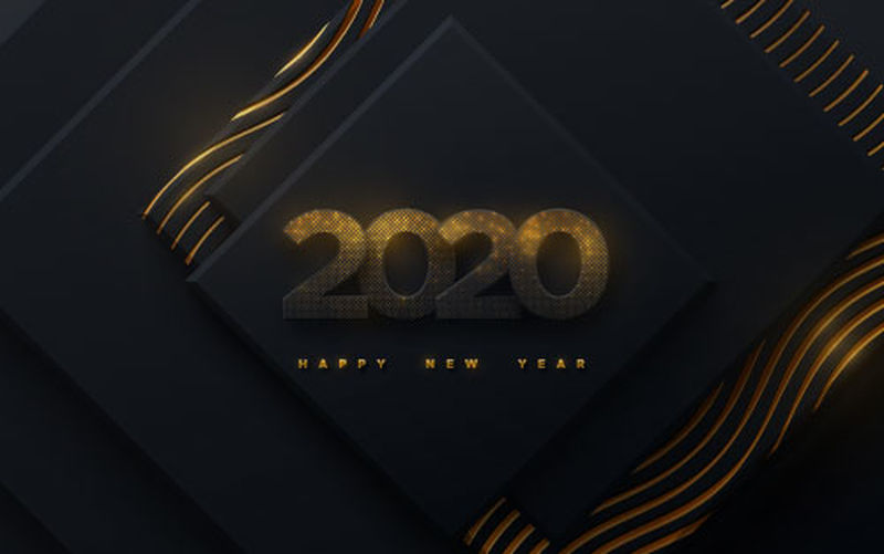 2020年新年快乐-矢量假日插图-有金色闪光的黑色纸号码-带闪烁图案的几何背景-节日横幅-海报或封面设计的装饰元素