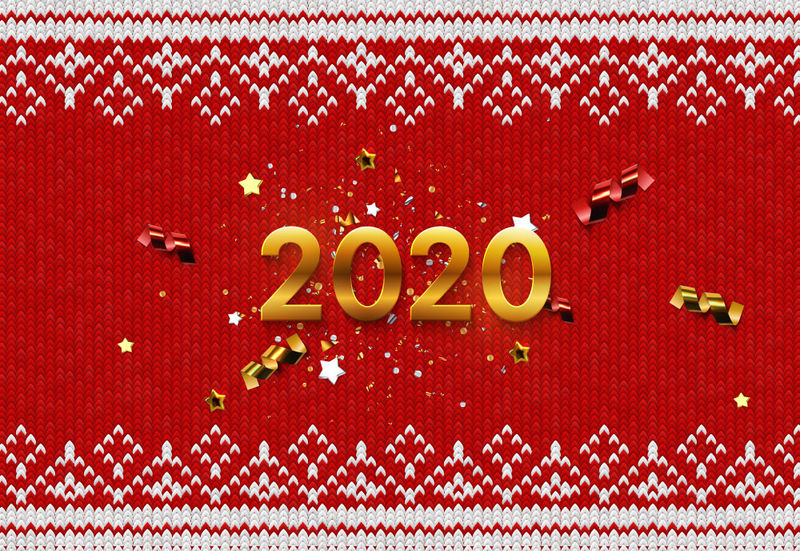 2020年新年快乐-红色针织背景和五彩纸屑上金色数字2020的假日矢量图-现实的迹象-传统装饰的织物-节日海报或横幅设计