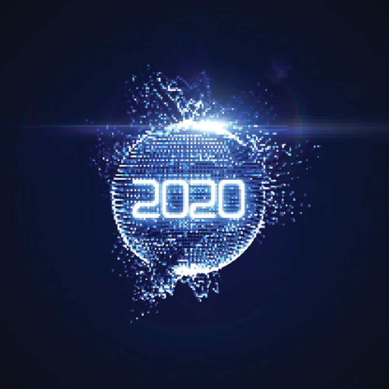 2020年新年快乐-未来主义发光霓虹灯与爆裂的光线飞溅-矢量假日插图-庆祝2020年新年党标-设计装饰元素