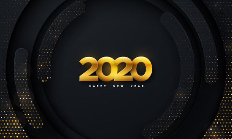 2020年新年快乐-矢量假日插图-黑色几何背景上的剪纸金色数字-节日活动横幅-纸的形状和闪光-海报或封面设计的装饰元素