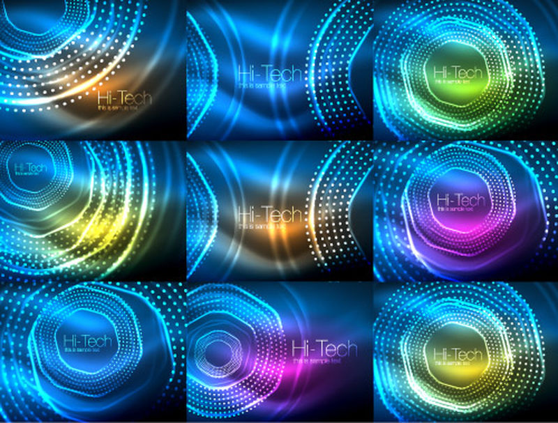一组神奇的霓虹形状抽象背景、用于网页横幅的闪光效果模板、业务或技术演示背景或元素、矢量图