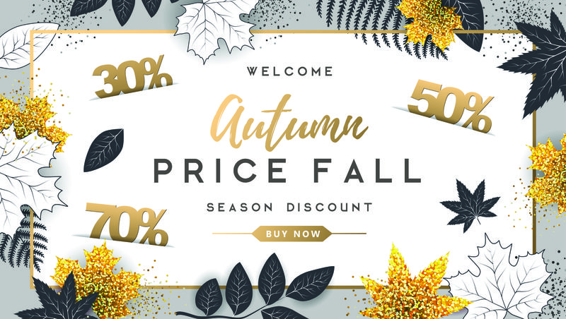 秋季大减价印刷海报-金色和黑色秋叶-自然概念