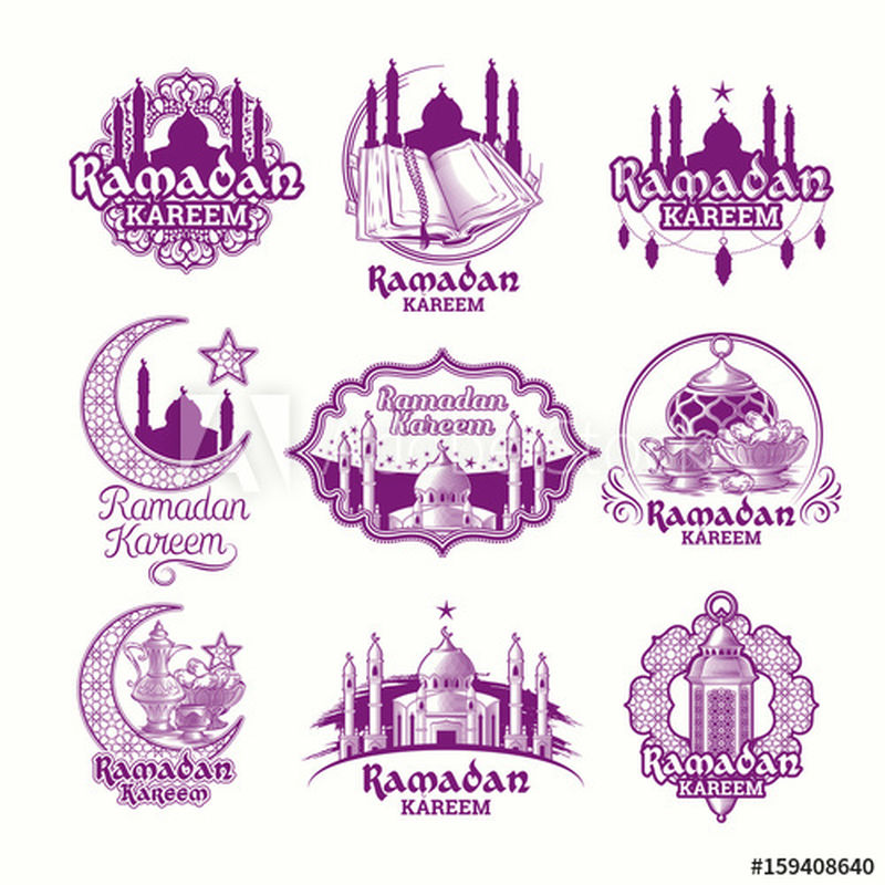 设置紫色插图-带有灯笼的斋月卡里姆标志-清真寺的塔楼-白色上独立的阿拉伯新月形图案