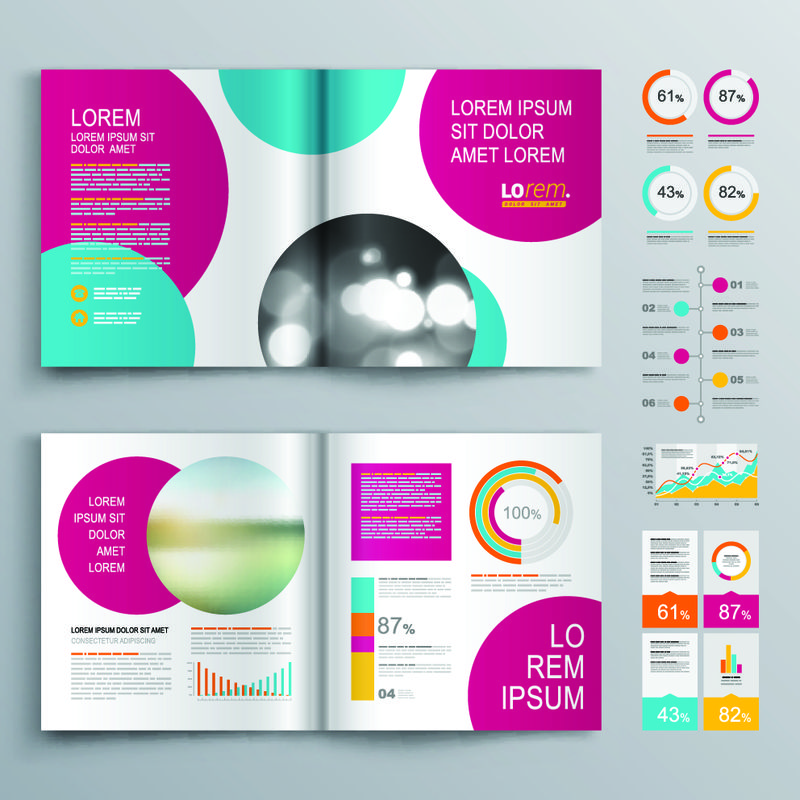 商业宣传册模板设计-粉红色和蓝色圆形元素-封面布局和信息图形