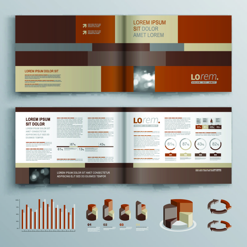 棕色小册子模板设计-方形-封面布局和信息图形