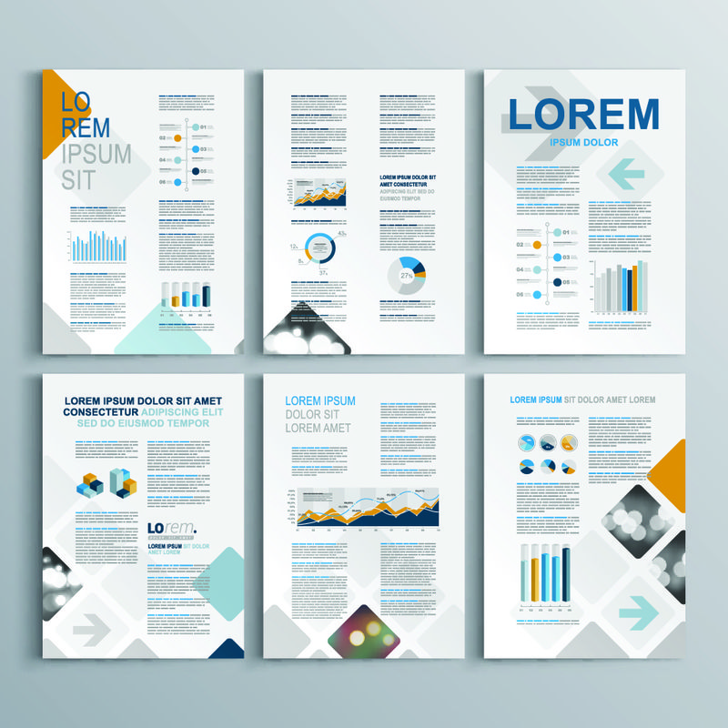 蓝色小册子模板设计-方形图案-封面布局和信息图形