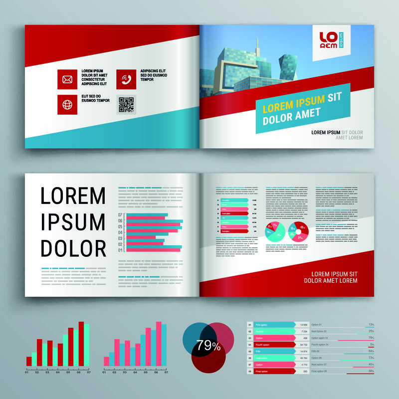 红色和蓝色对角线形状的商业小册子模板设计-封面布局和信息图形