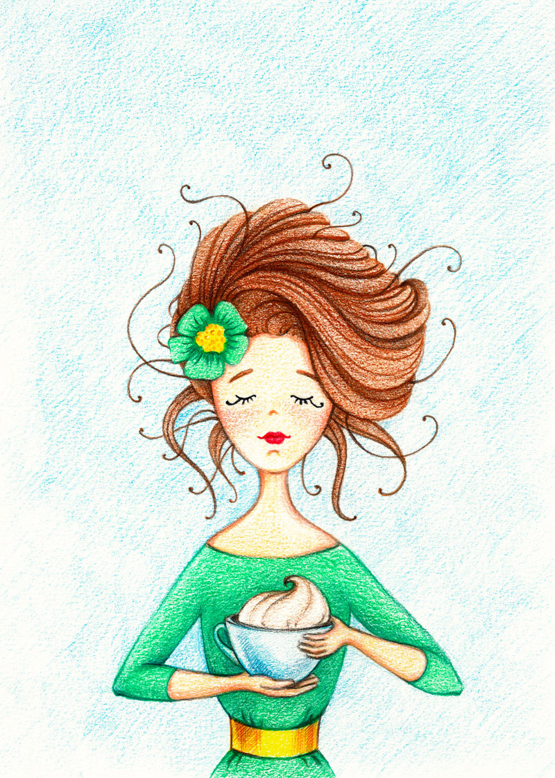 用彩色铅笔手绘了一幅年轻漂亮的女孩，穿着绿色连衣裙，端着一杯咖啡。拿着一杯卡布奇诺的女人