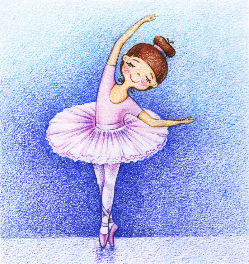 舞台上彩色铅笔上的小芭蕾舞演员的儿童照片