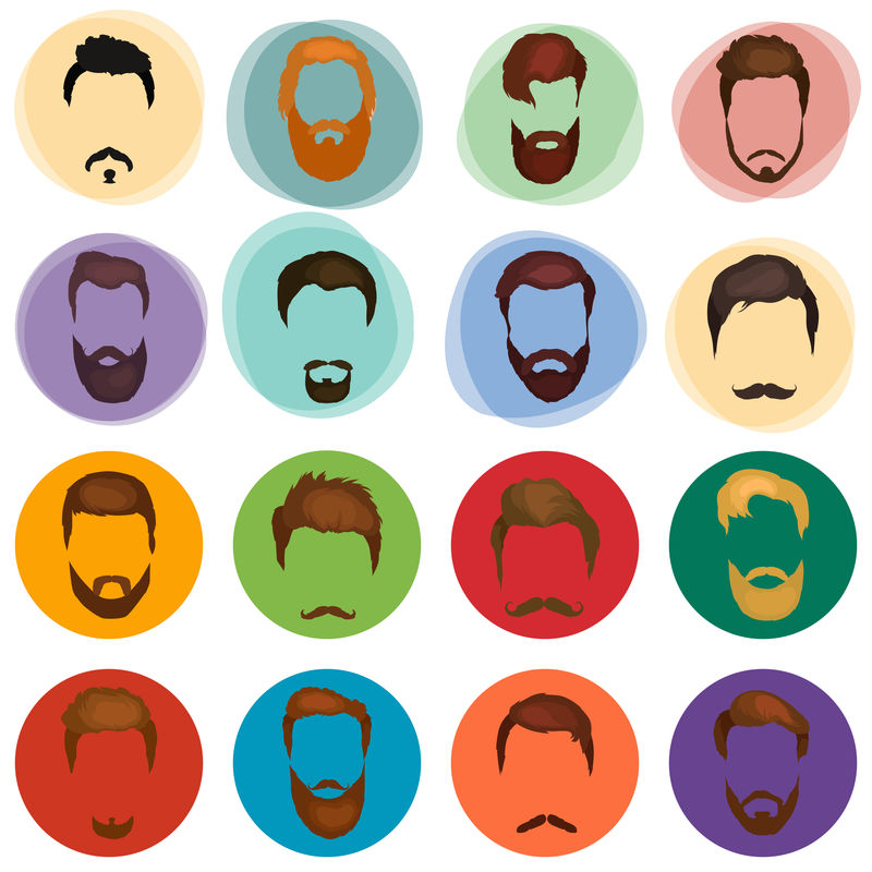 男人的一组胡须和胡子矢量。时尚时髦的胡须和头发独立的插图。人民发型图标，收集胡子和胡子理发店。男子理发店。