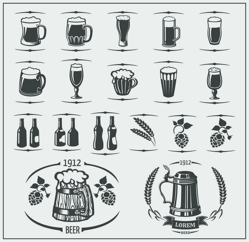一套陈年啤酒-旧木杯、木桶、玻璃杯、啤酒花、瓶子、罐头、开瓶器、瓶盖-手绘雕刻风格矢量插图-啤酒厂、啤酒节、酒吧、酒馆设计的独立元素