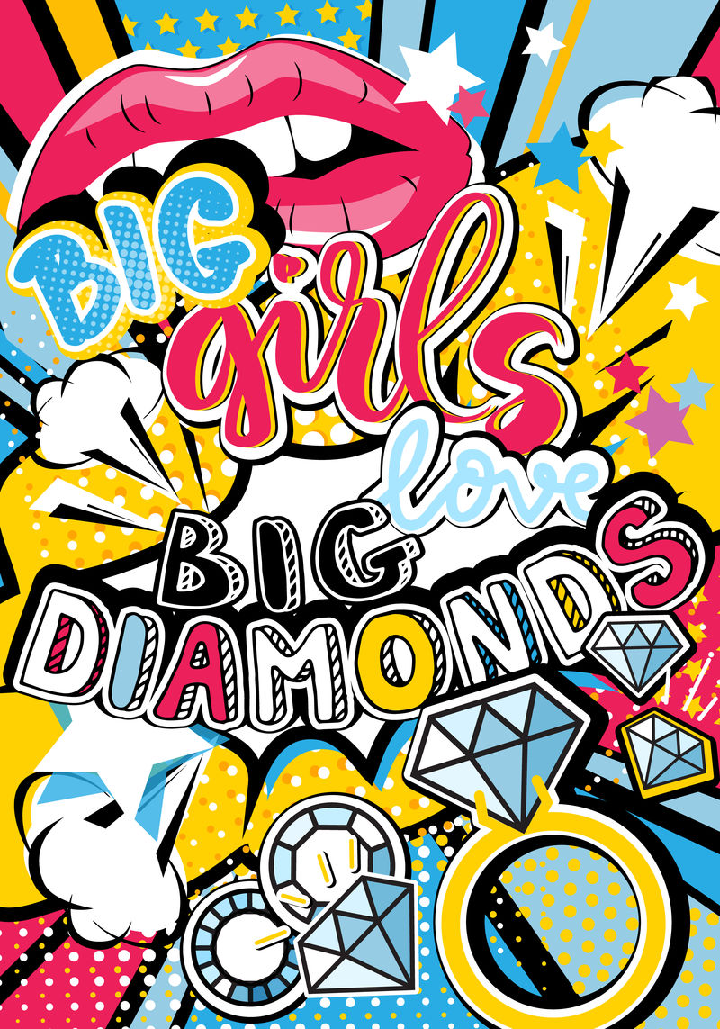 流行艺术大女孩爱大钻石引用类型与嘴唇-钻石和明星矢量元素-爆炸装饰半色调海报插图