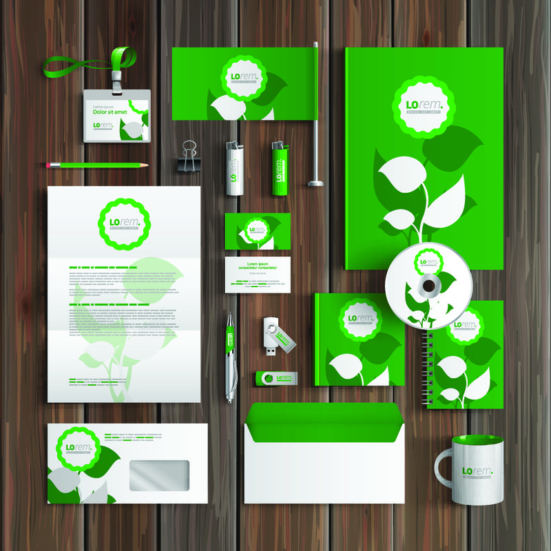 带叶子的花绿色企业标识模板设计-商务文具