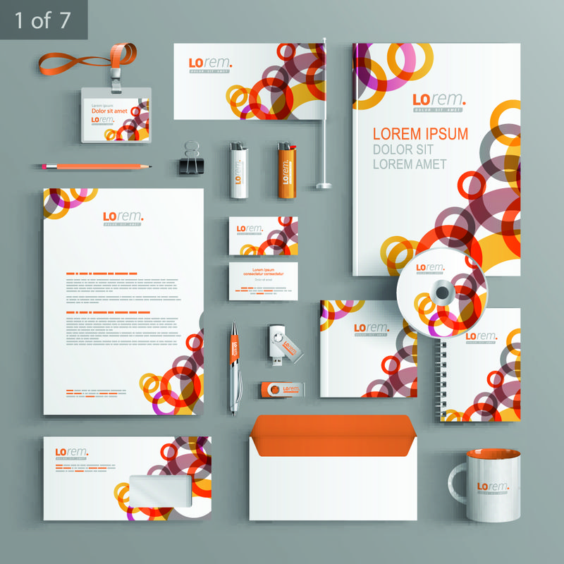 白色企业标识模板设计-红色和橙色几何圆形元素-商务文具