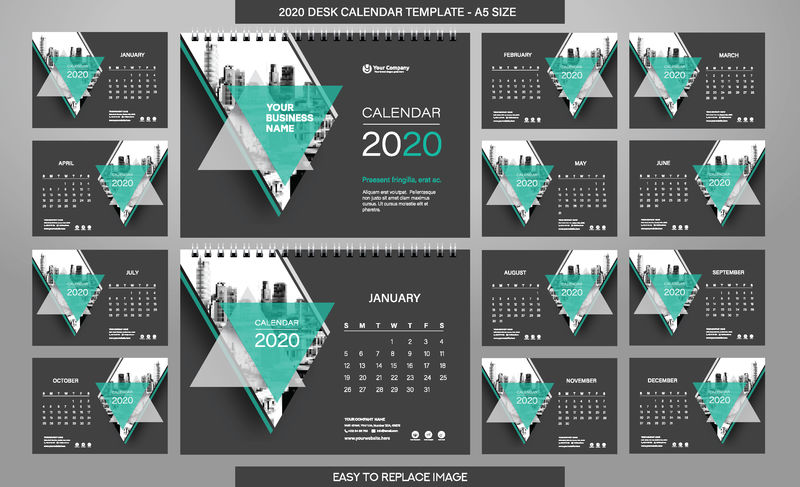 桌面日历2020模板-包括12个月-A5大小