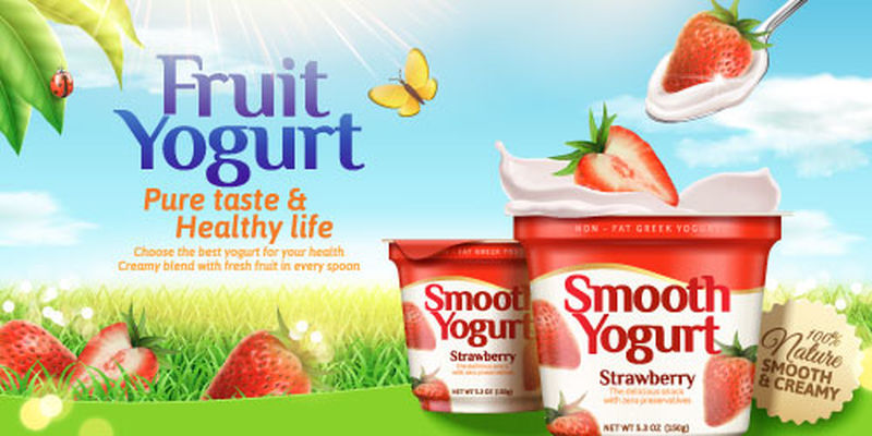 草莓酸奶广告与新鲜水果在闪闪发光的草背景在三维插图