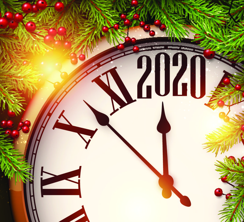 2020年新年背景与时钟-冷杉枝和雪-矢量图解