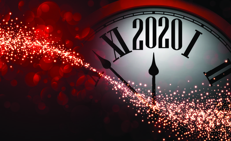红色闪亮波基2020新年背景与24小时-漂亮的圣诞贺卡或装饰模板-矢量图解
