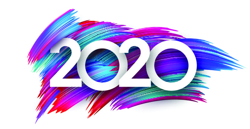 2020年新年创意标牌-白色背景上采用彩色笔触设计-节日装饰-矢量背景