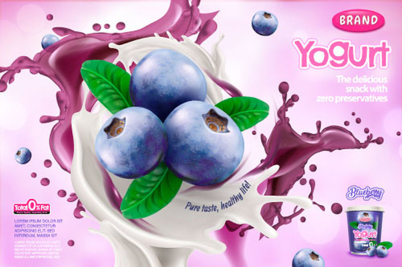 蓝莓酸奶广告-紫色背景泼酱-3d插画