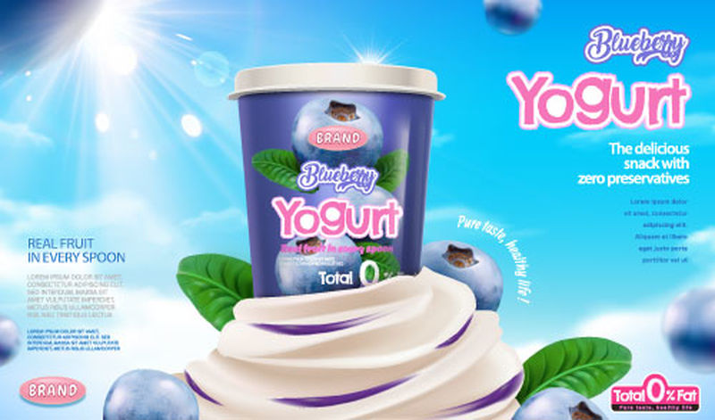 蓝莓酸奶广告配奶油酱蓝色背景3D插图