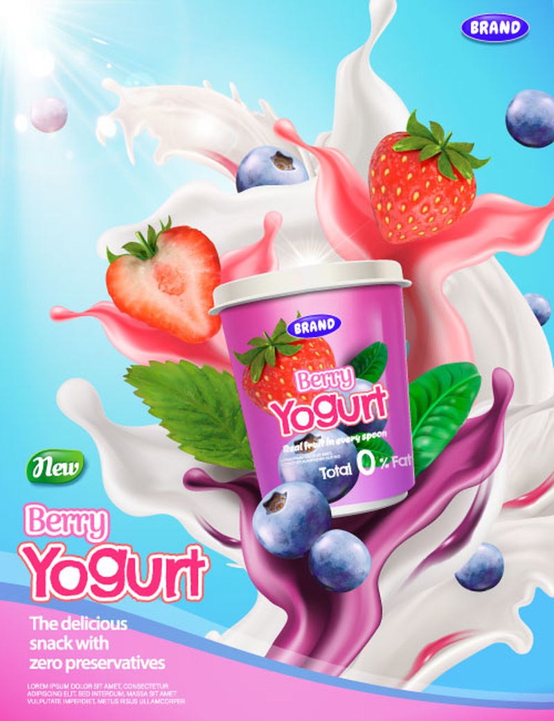 3D图片中蓝色背景上的浆果酱酸奶广告