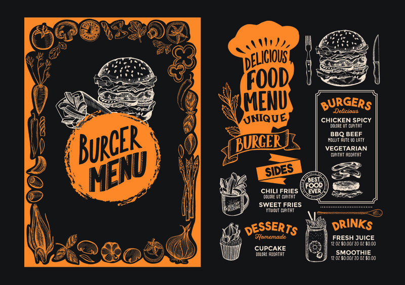 手绘涂鸦餐厅汉堡菜单食品模板
