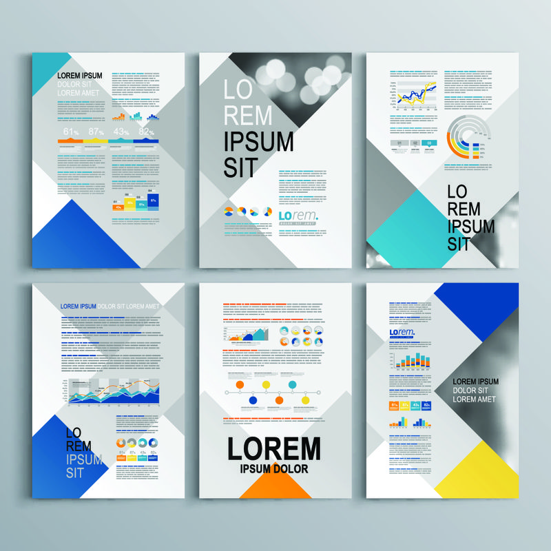 白色、蓝色和灰色正方形图案的商业小册子模板设计-封面布局和信息图形