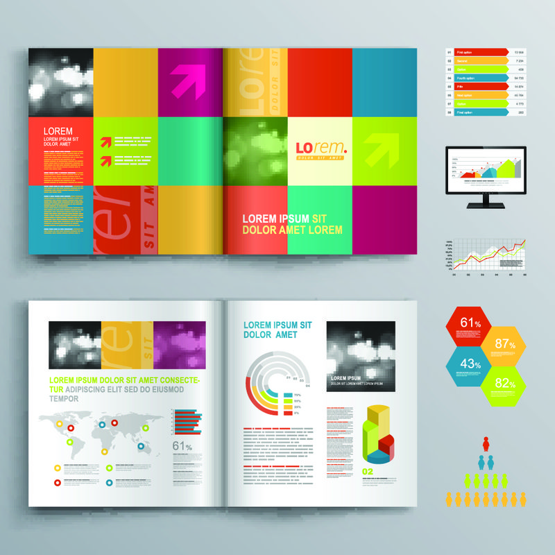 创意小册子模板设计与彩色形状-封面布局和信息图形