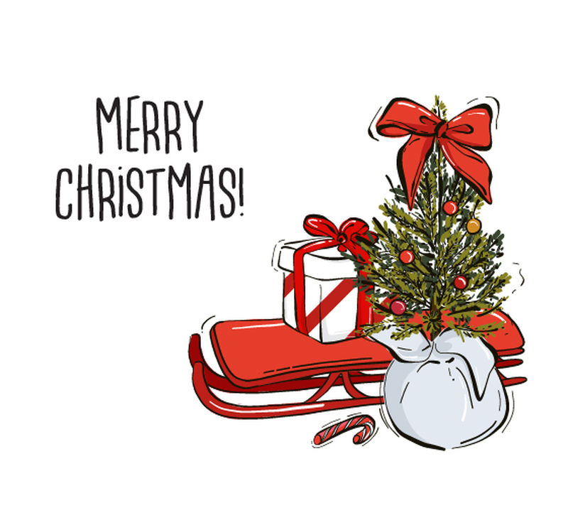 圣诞快乐问候和圣诞树图标与冬季节日装饰饰品和圣诞老人礼品袋在白雪背景-用于新年或圣诞节季节设计的矢量隔离符号