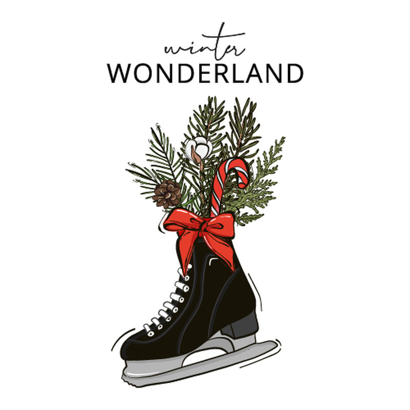 水彩溜冰鞋-装饰有一品红、红色浆果、甘蔗糖、绿色松枝和云杉枝-白色背景下孤立-圣诞节装饰-复古风格-手绘插图