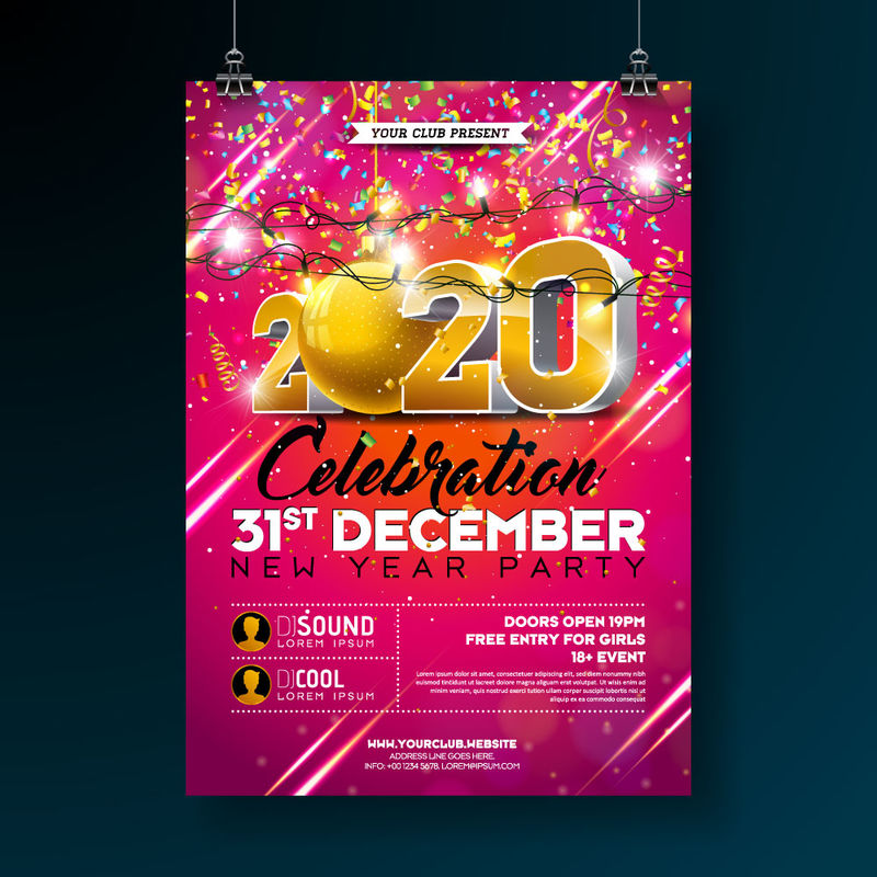 带有3d 2020数字和红色背景彩色五彩纸屑的新年派对庆祝海报模板插图-矢量假日高级邀请传单或促销横幅
