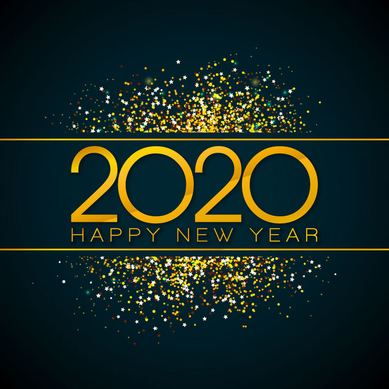 2020新年快乐-2020年新年贺卡-背景是金色的数字和闪光-矢量图解