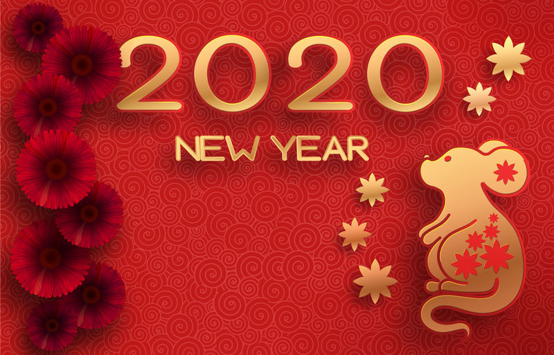 金色鼠标在有纹理的红色背景上-中国星象主题模板-东历-鼠年-自由空间贺卡