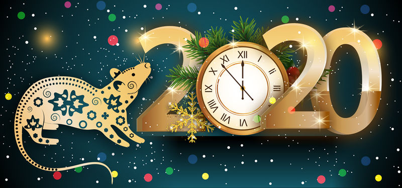 2020年新年快乐-鼠年-五颜六色的背景-金色的数字和时钟-树枝圣诞树和雪花-矢量图解