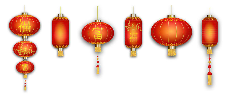 白色背景的中国红灯笼-亚洲元素-金色花朵-财富和幸福的象征-中国新年-春节-中译：幸福与财富-矢量