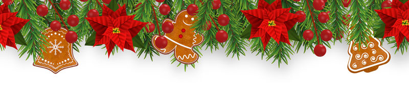 用冷杉枝-一品红-冬青浆果-姜饼饼干和金色丝带装饰圣诞边界-在白色背景上隔离的Xmas设计元素-矢量图解