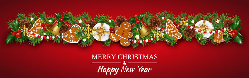 圣诞花环装饰与姜饼饼干-冷杉枝-金钟-冬青浆果和锥-红色背景的圣诞节或新年设计元素-矢量图解