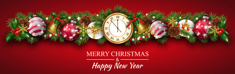 圣诞和新年边界装饰花环与冷杉枝-时钟-圣诞饰品-球-金钟-冬青浆果和礼品盒-红色背景的圣诞卡设计元素-矢量