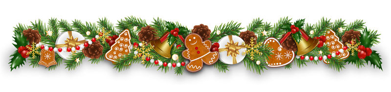 圣诞边界装饰花环与冷杉枝-姜饼饼干-金钟-冬青浆果和锥-白色背景的圣诞节或新年设计元素-矢量图解