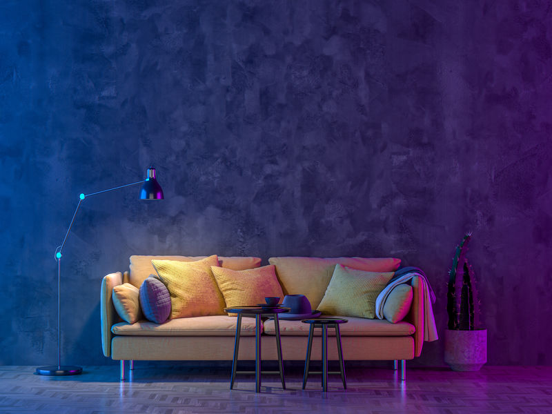 现代客厅，彩色led灯墙背景。