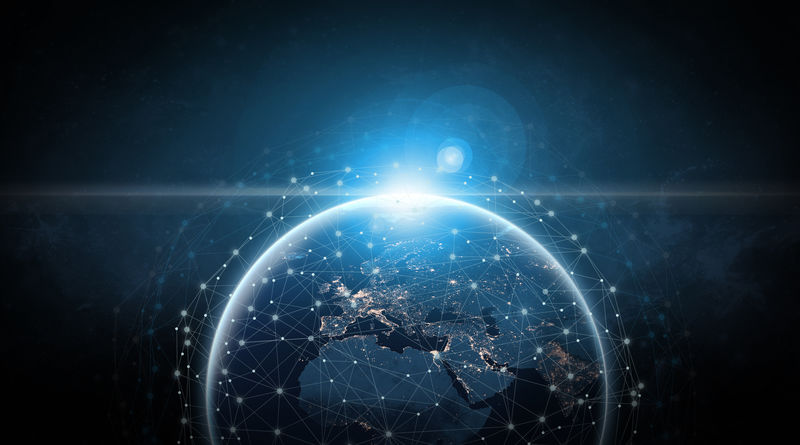 全球通信网络概念网络围绕地球-以欧洲为重点-通过卫星交换信息
