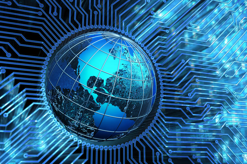 全球通信网络-微芯片连接-计算机科学和电子技术概念-蓝色数字背景上的地球仪电路板-3d插图（美国宇航局元素）